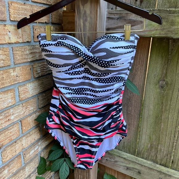 Anne Cole Zebra Print One Piece Swimsuit - Black, White, Pink - Picture 1 of 3